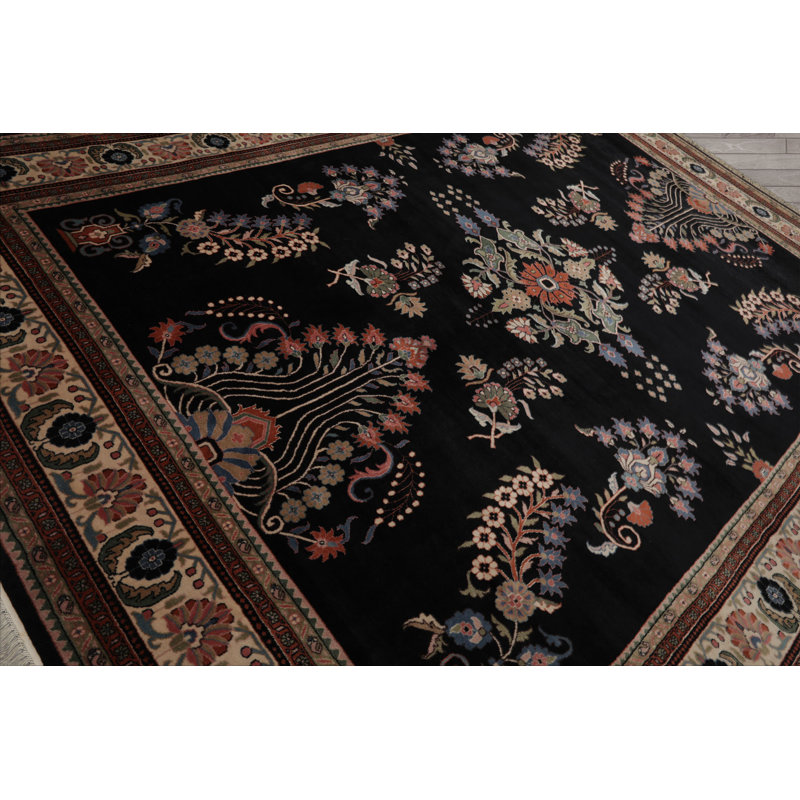 Tapis noir en laine nouée à la main 9 pi x 12 pi Sarouk
