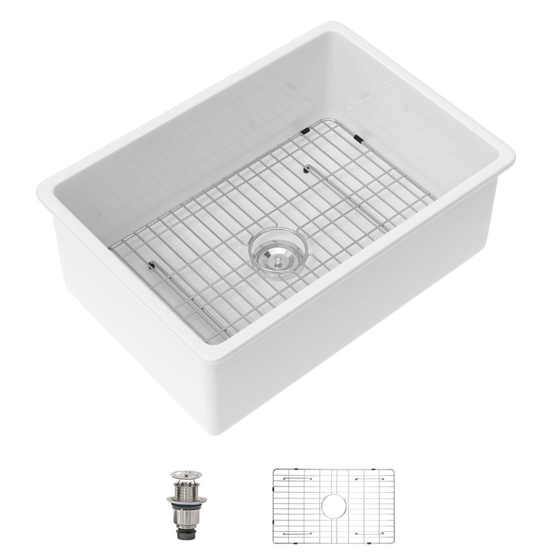 27" L x 19" W White Fireclay Drop-In/Undermount Kitchen Sink with Sink Grid and Basket Strainer