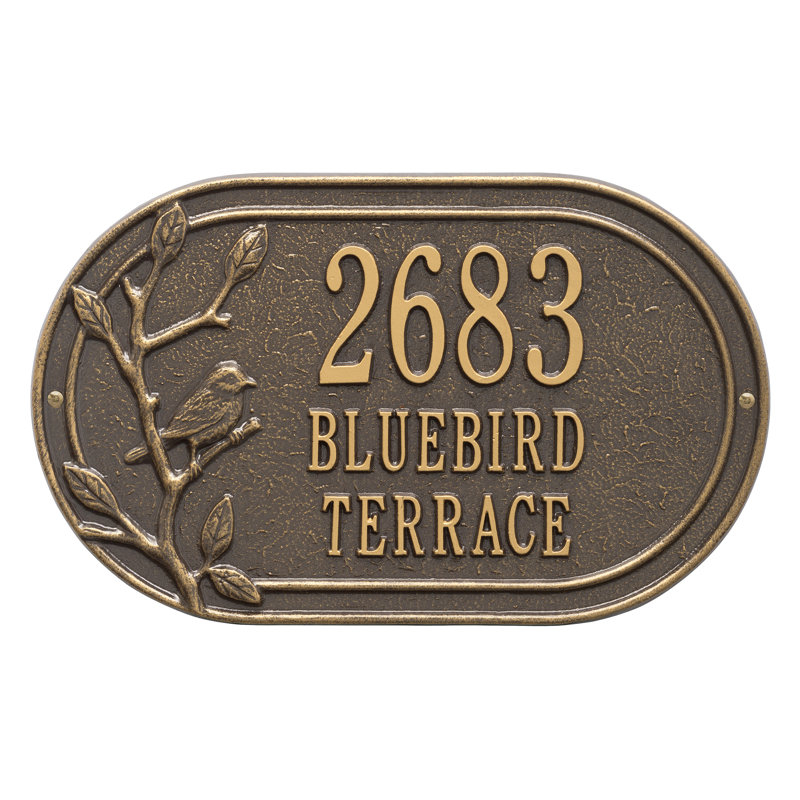 Woodridge Personalized Bird Oval Standard 3-Line Wall Address Plaque, Bronze/Gold, Yes