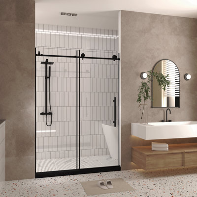 Frameless Shower Door 44-48 "W X 76" H, 1/4 "(6 Mm) Clear Tempered Glass, Explosion Proof Film, Stainless Steel Handle, Matte Black