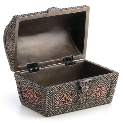 6.18 in L Celtic Pattern Treasure Chest Trinket Box (Green+Red), Poly Resin