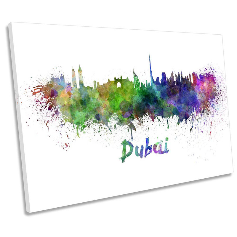 Dubai Watercolour Skyline Framed - Wrapped Canvas Print, 91.4cm H x 137.2cm W x 4cm D