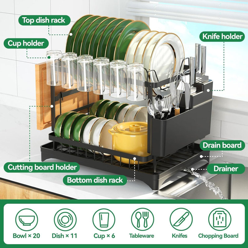 Égouttoir à vaisselle à 2 niveaux pour comptoir de cuisine, égouttoir à vaisselle multifonctionnel, égouttoir à vaisselle en métal de grande capacité