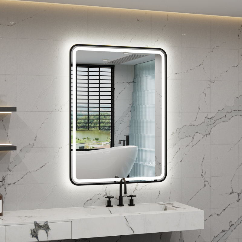 Cadre miroir de salle de bain à DEL avec deux haut-parleurs Bluetooth, avant et rétro-éclairé, antibuée, température de couleur 3 et lumière à intensité variable, étanche IP54, certifié FCC et ETL