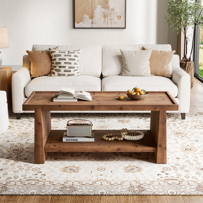 47.24" Rectangular Solid Wood Coffee Table, Farmhouse 2-tier Center Table For Living Room