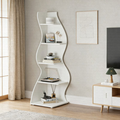 69.8"Height 5-Tier Wavy Corner Bookshelf And Plant Stand For Living Room Small Space