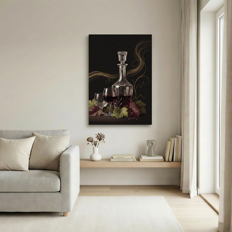 Carafe en cristal et verres avec feuilles de raisin sur toile noire, 30"H x 20"W