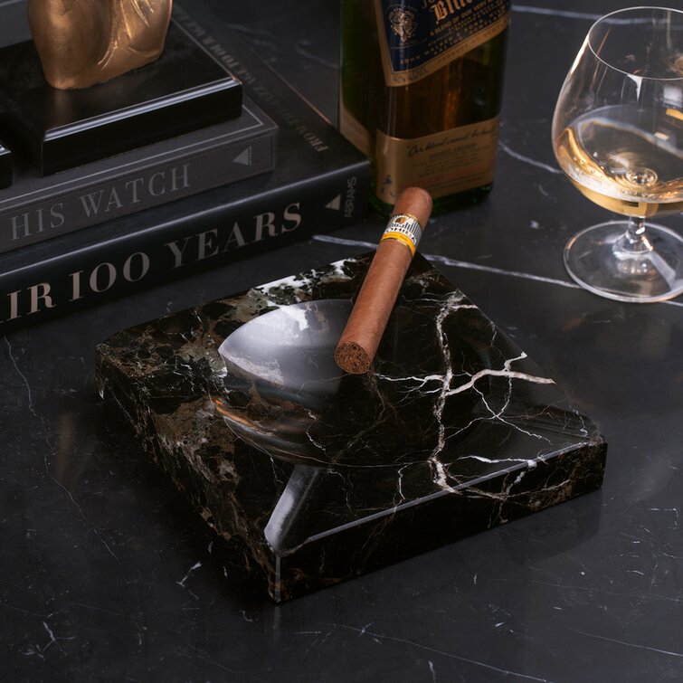Bey-Berk Square Marble Cigar Ashtray, Black