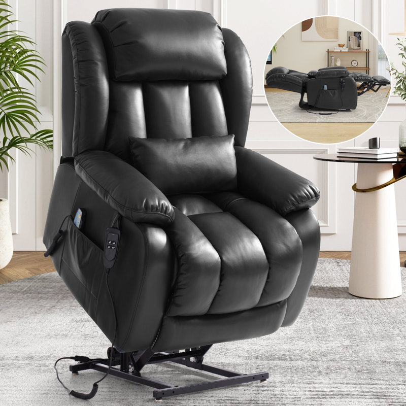 Power Lift Recliner Chair Dual Motor, Infinite Position Lay Flat Recliners for Adult & Elderly with Heat & Massage, Large, Type-C Charge, Lumbar Pillow for Living Room, Leather (Black)