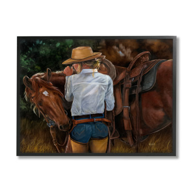 «Cowgirl Tendant To Horse» encadrée sur bois par Victoria Schultz
