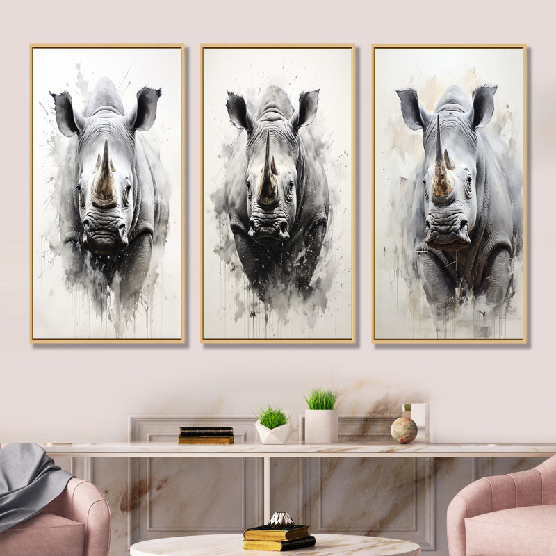 Mighty Stampede Rhinoceros - Ensemble de 3 impressions sur toile Rhinoceros, Cadre flottant brun, H 28 po x l 36 po