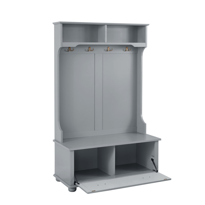 Modern Classic Hall Tree With Shoe Rack Bench And Coat Hooks For Hanging Storage, Entryway Bench With Open Shelves And Shoe Cabinets 40.16"W*18.58"D*64.17"H GRAY