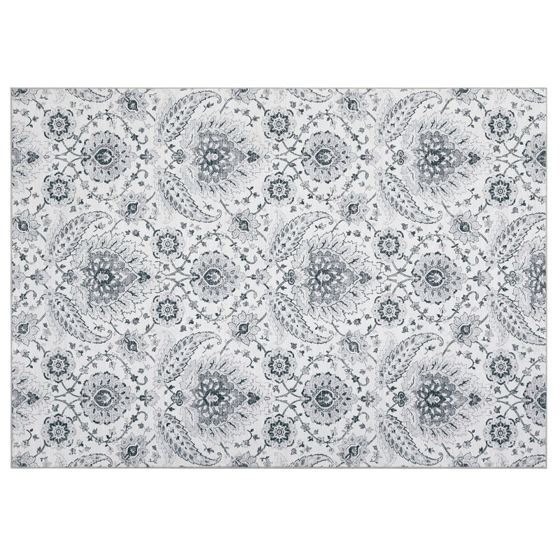 8x10 Area Rugs Washable Boho Rug Non Slip Low Pile Non Shedding Carpet for Living Room Vintage Floral Dining Room Carpet Foldable Soft Low Pile Home Office Decor for Bedroom Grey