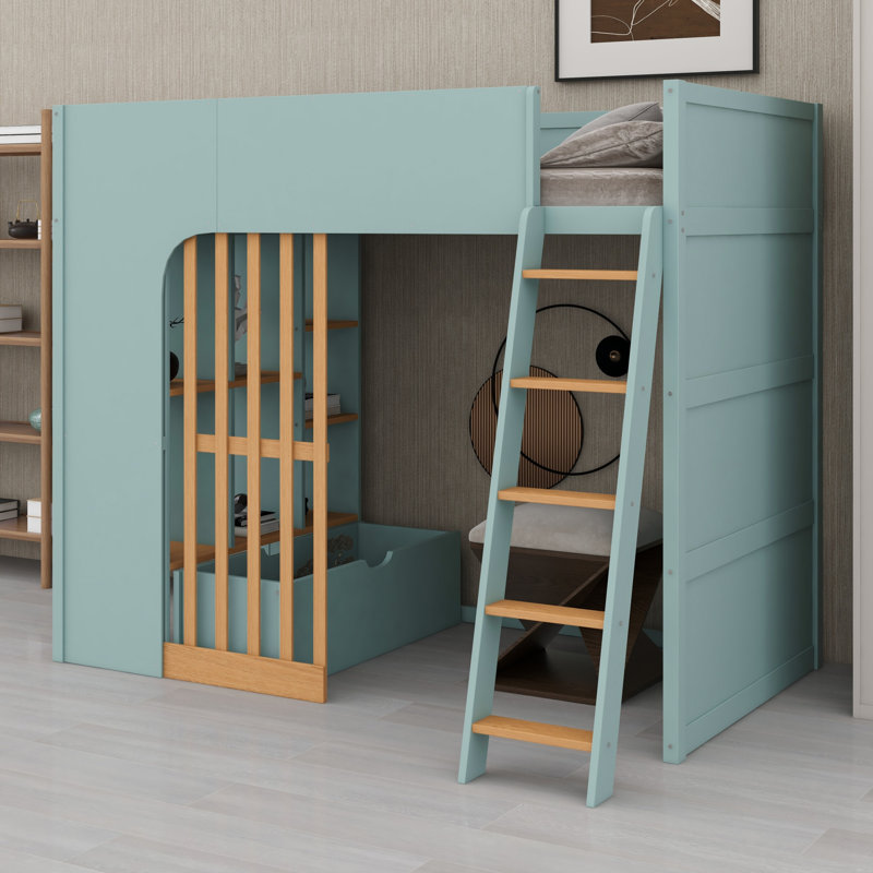 Lit mezzanine en bois avec échelle robuste et tablettes de rangement multicouches, Lit simple, Mint Green + Natural Oak