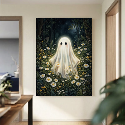 1Pc Framed Wall Art Ghost amidst flowers, glowing softly, whimsical and enchanting, Digital illustration art style. Canvas Poster Paintings Ideal Gift For Living Room Bedroom Corridor Wall Decor Room Decoration Ready to Hang，2D Flat
