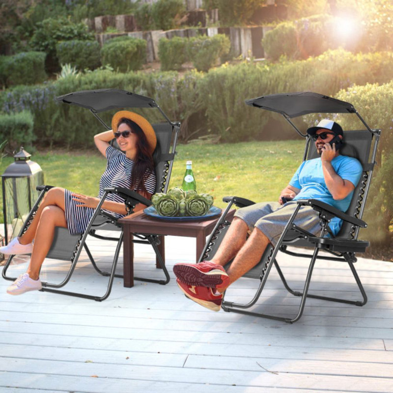 Folding Recliner Lounge Chair With Shade Canopy Cup Holder, Black