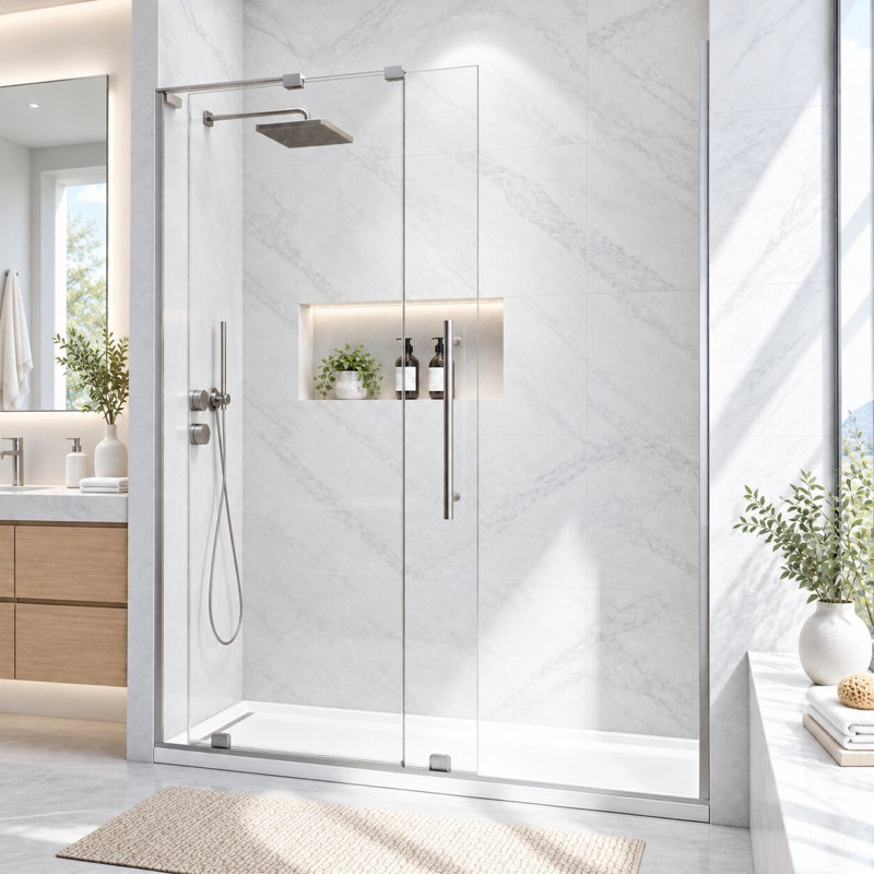 Porte de douche coulissante sans cadre de 142 à 152 cm (L) x 183 cm (H) avec verre trempé transparent de 8 mm, fini nickel brossé