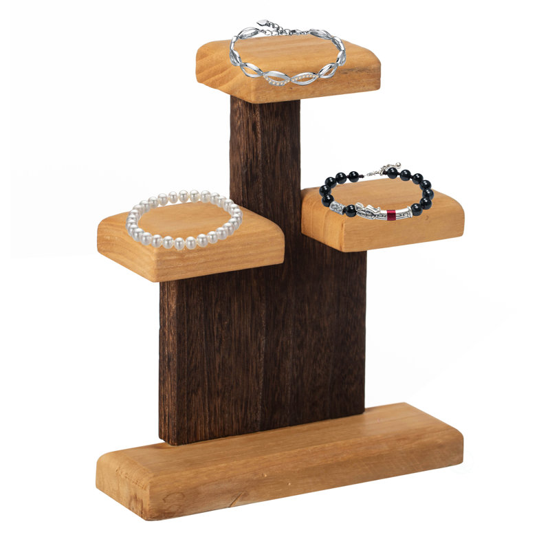 3-tier Wooden Tabletop Jewelry Display Stand Rustic Organizer For Necklace Bracelet Watch Bangle Ring & Earring With A Sturdy Natural Wood Base Ideal For Home Retail Or Craft Fair Display