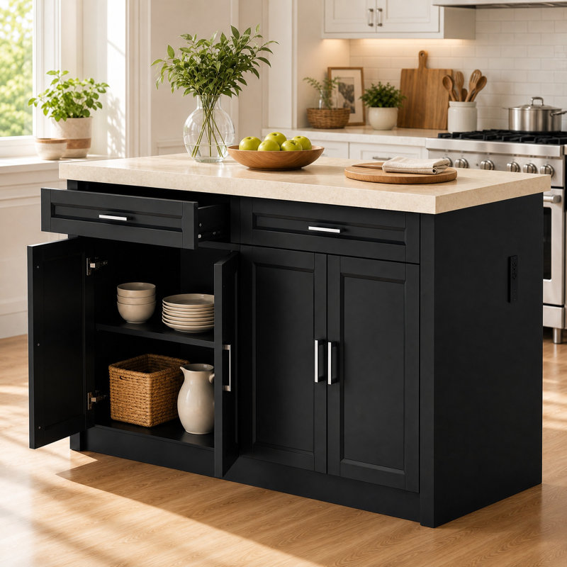 Grand îlot de cuisine l 61 po avec prise de courant intégrée, 2 tiroirs, 4 portes, Black