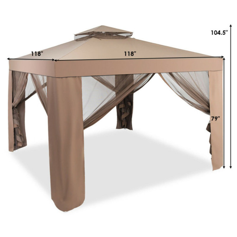 9.8 X 9.8 Feet Patio Canopy Gazebo With Neting And Double Tiered Roof