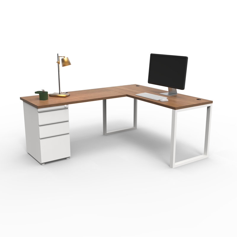 The City, Modern L-Shaped Office Desk for Office and Home, Walnut Strand Top with White Frame, Walnut/White