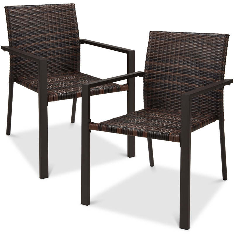 Ebern Designs Wicker Chairs, Stackable Outdoor Dining Furniture W/ Armrests, Brown