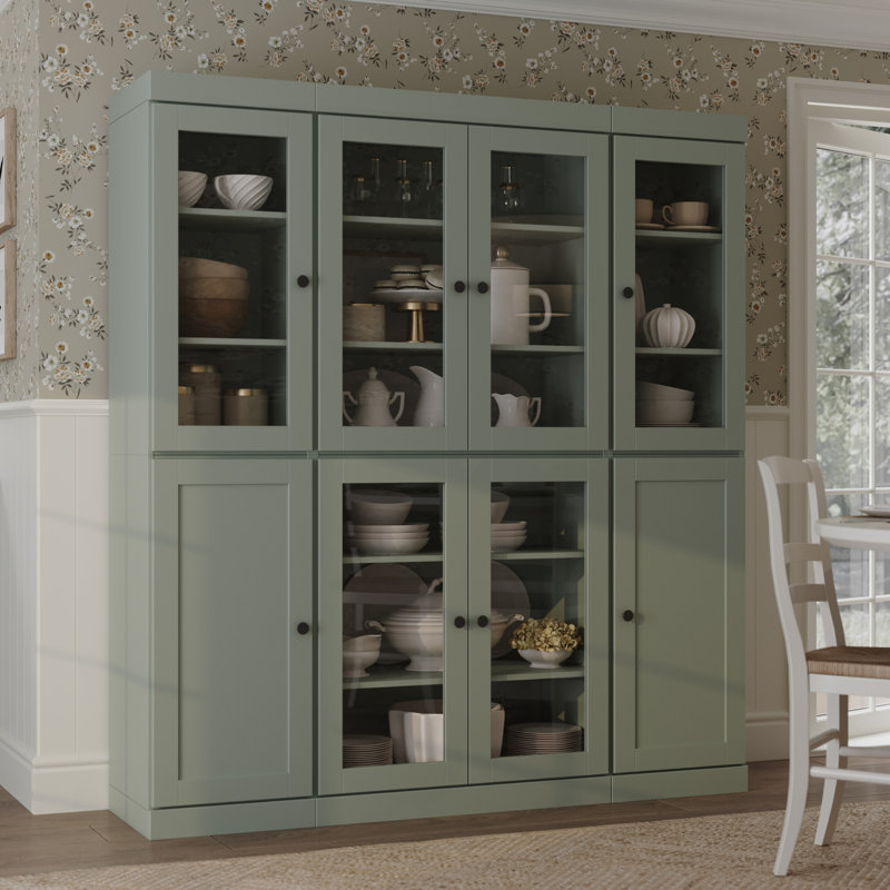 Vaisselier 100% bois massif 65 po avec verre transparent, portes Shaker et tablettes réglables, Sauge