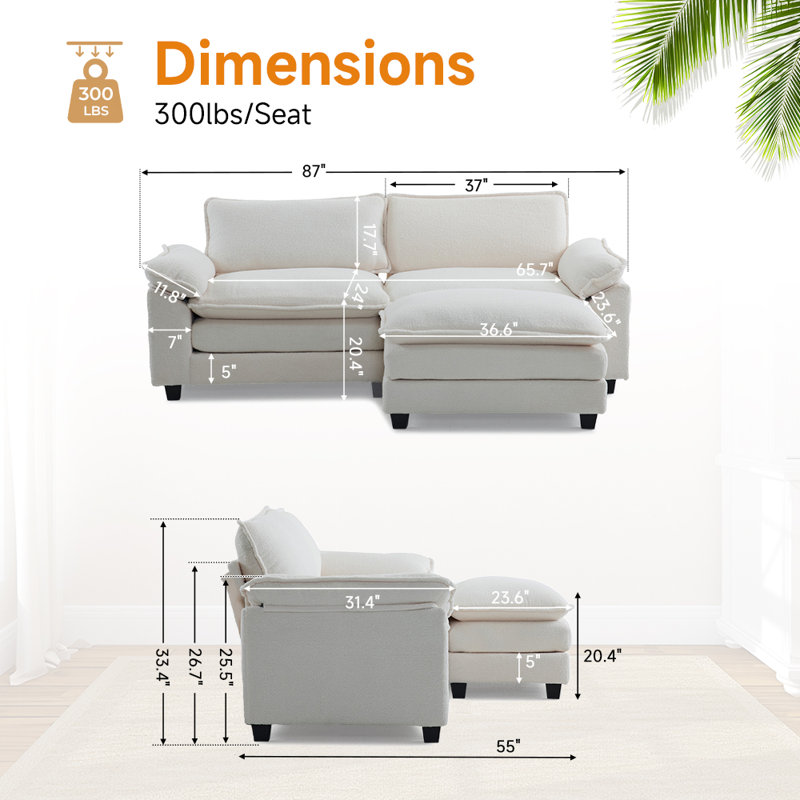 Causeuses multi-couches avec repose-pieds 85,4 po, Boucle blanc