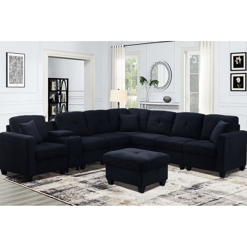 Sectional Dark Blue 7 Soft Microfiber High Skin- Cushions Two Cup Holders Solid Wood Frame For Long-Term Stability Use