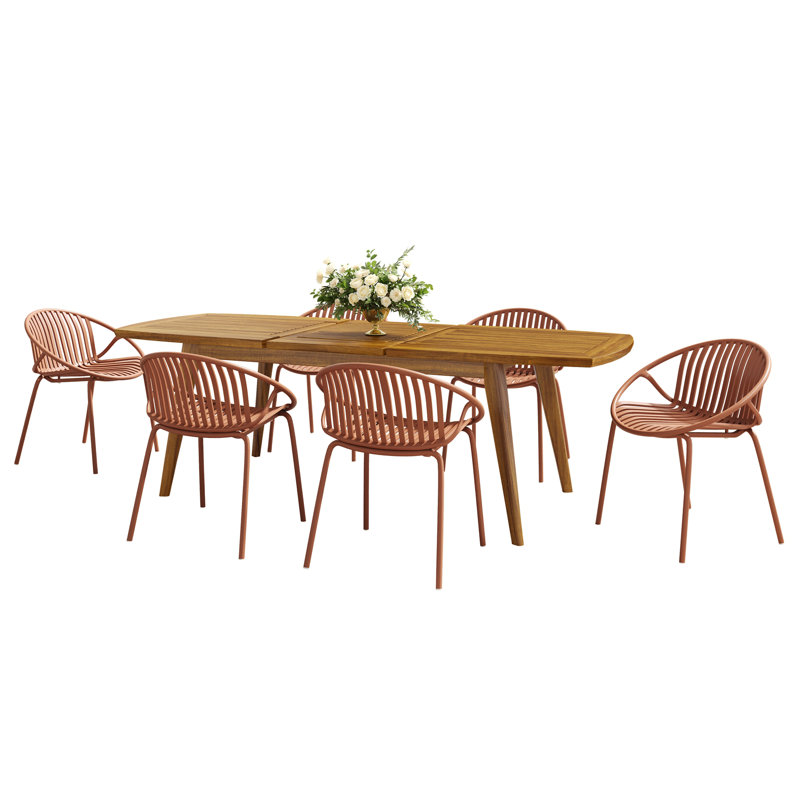 Ensemble de salle à manger 7 pièces d'extérieur moderne extensible avec chaise empilable, teck, Orange / teck