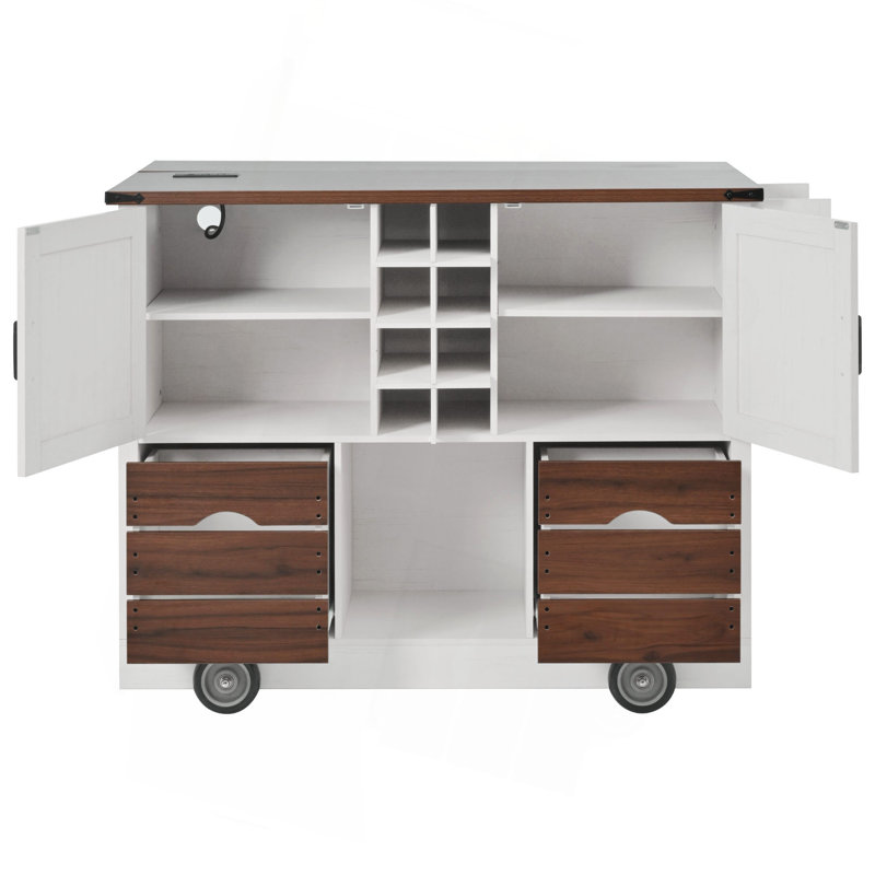 54" Farmhouse Kitchen Island With Drop Leaf, Power Outlet, Kitchen Storage Cart With 2 Doors, 2 Drawers, Rolling Kitchen Island On 4 Large Wheels With Spice Rack For Kitchen, Dining Room