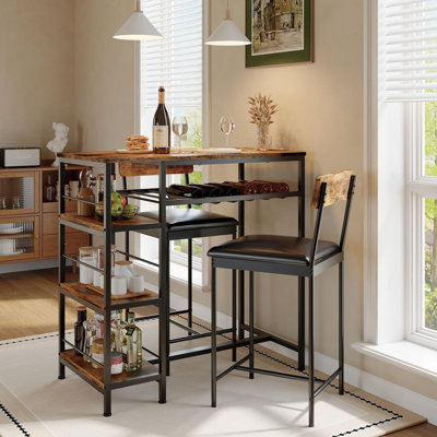 3-Piece Compact Dining Set for 2 with Wine Rack & Metal Frame – Modern Small-Space Dinette for Kitchen, Apartment – Tiger Wood