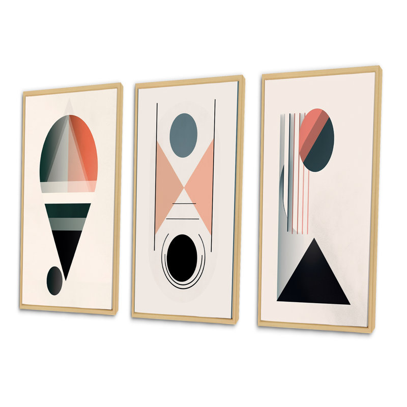 Visionary Retro Moon Geometric Minimalism - Transitional Art Set Of 3 Pieces, Encadré naturel, H 32 po x l 48 po