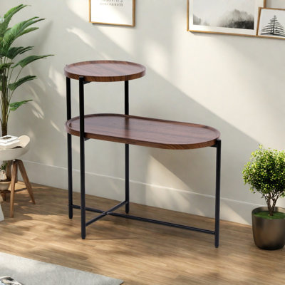 Round Coffee Table With Storage Tray 2 Tier Oval End Tables Wooden Small Side Table For Living Room by Ebern Designs