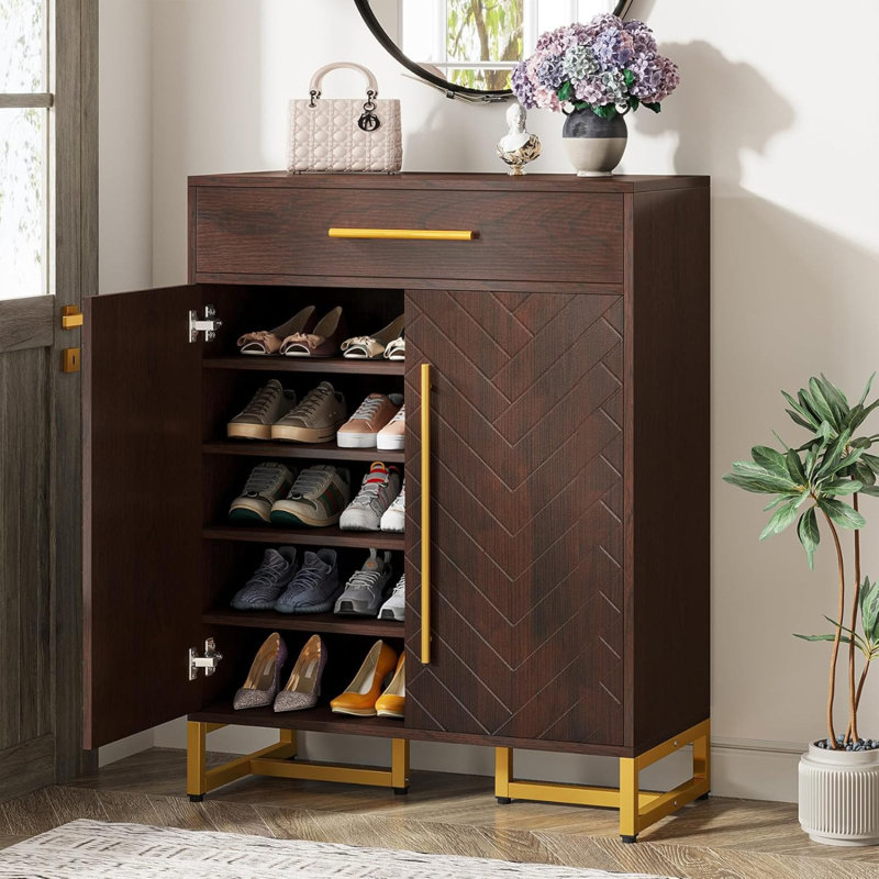 Armoire à chaussures 31,5 po en bois noyer et or avec portes