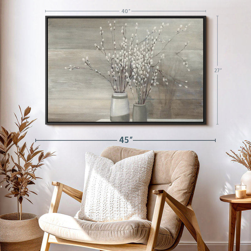 Floral and Botanical, reproduction d'art sur toile «Pussy Willow Still Life Grey Pots I», H 27 po x l 40 po