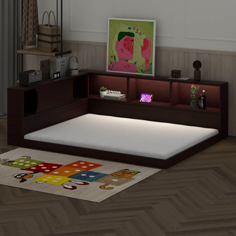 Queen Size Wood Daybed With Storage Shelves, USB And LED, Brown