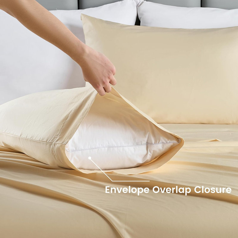 Ensemble de draps 100% coton 400 fils, Ensemble de draps pour grand lit avec 2 taies d'or, Beige
