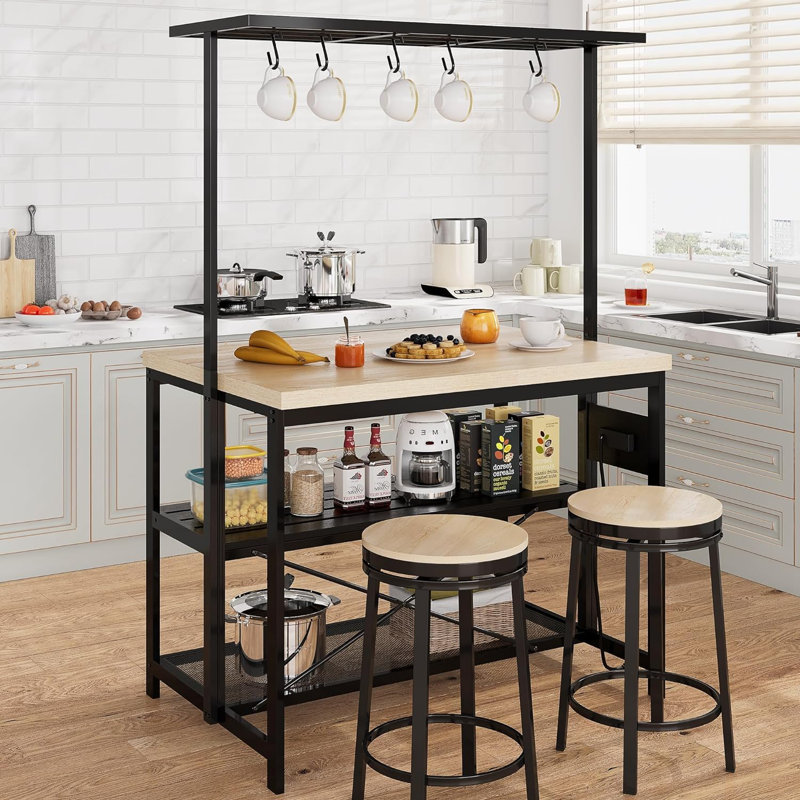 Îlot de cuisine 42 po - Étagère de boulanger mobile avec 3 tablettes, support pour micro-ondes et 5 crochets