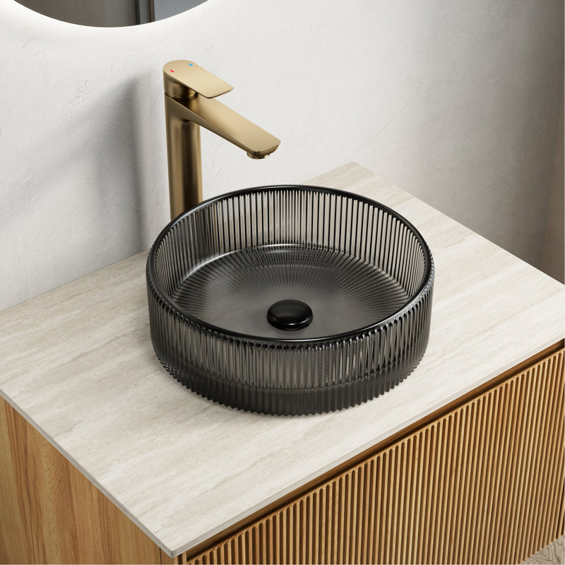 Transparent Black 14.13*4.59inch Round Crystal Glass Bathroom Sink Without Faucet, Clean And Fresh Visual, Long - Lasting Durability, Suitable For Different Countertop Styles, Drain Stopper
