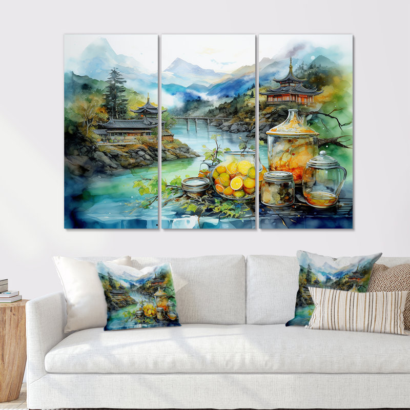 Ensemble d'art japonais sur toile, Japon, Toile tendue, H 32 po x l 48 po x P 1 po