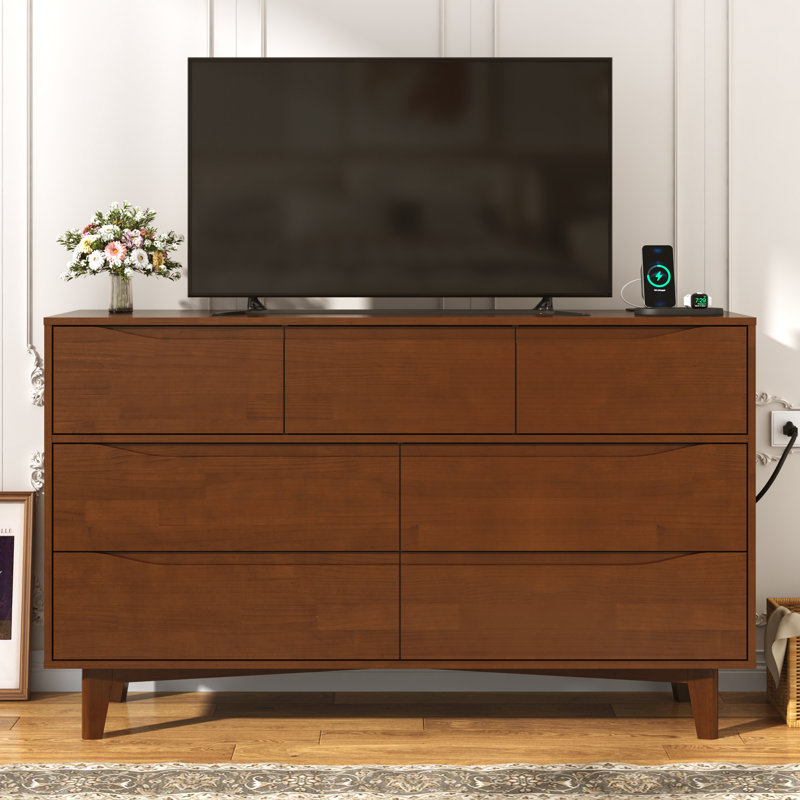 7 Drawer 55.12” Solid Wood Dresser With 2 Sockets and 2 USB Ports, Brown