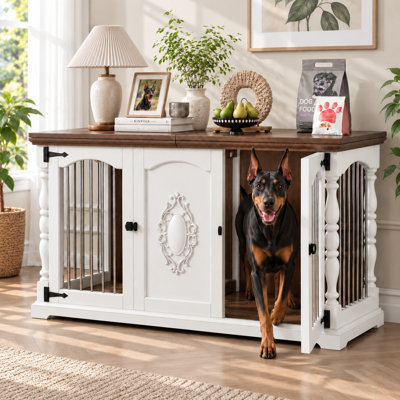 Grande cage de meuble pour chien de 62 po pouvant accueillir deux chiens, chenil double avec décor sculpté à la main, grand chenil