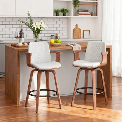Modern 360° Swivel Bar Stools With Bentwood Armrests – PU Leather Cushioned Seat, High-Density Foam, Metal Footrest, Kitchen & Home Bar Seating