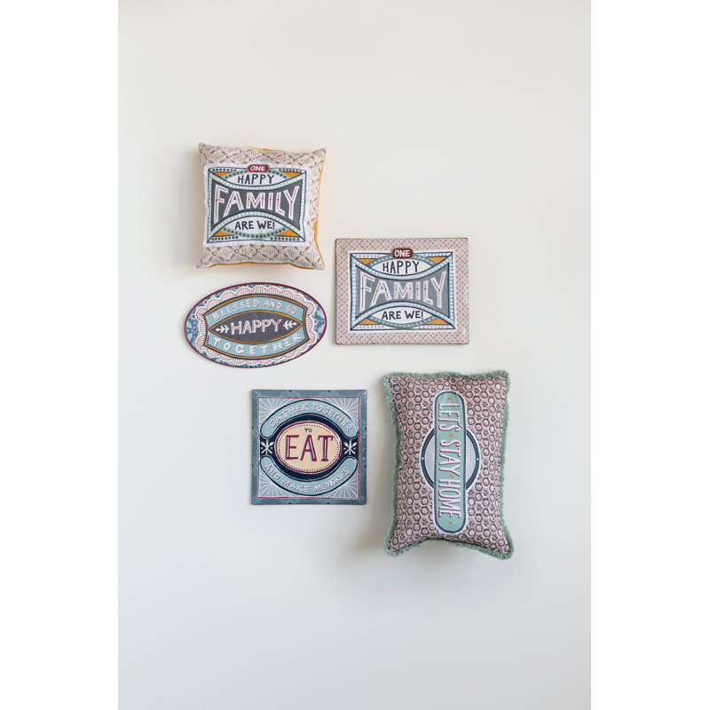 One Happy Family Square Embroidered Cotton Pillow