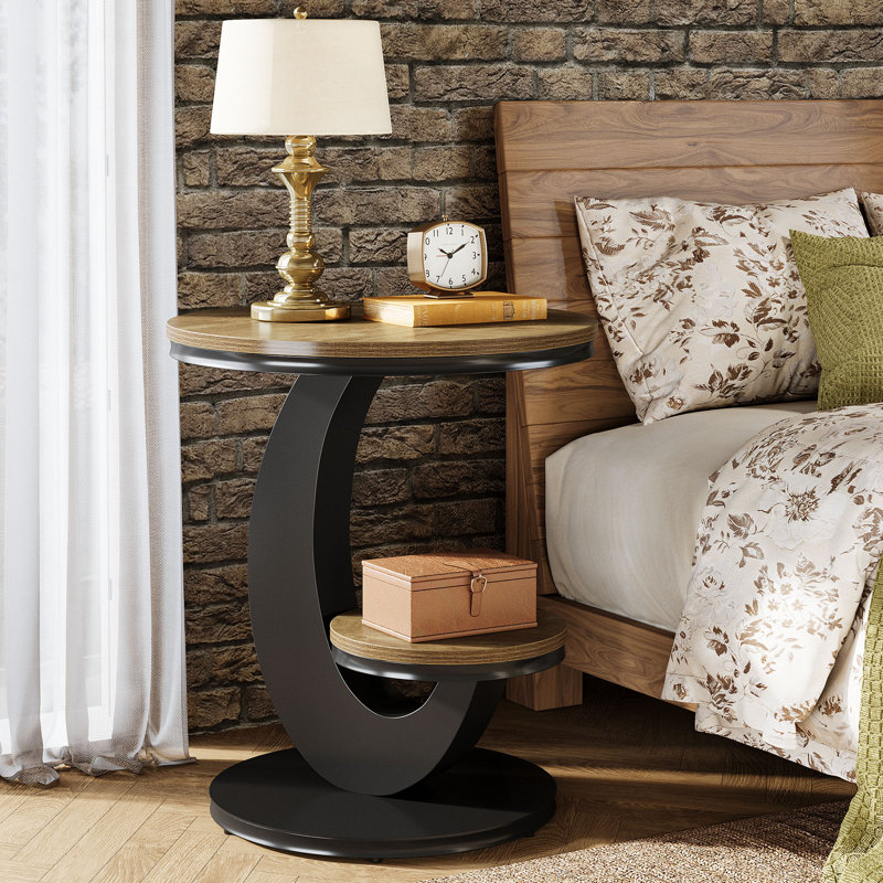 Table de bout ronde à 2 niveaux avec tablette de rangement, Marron clair
