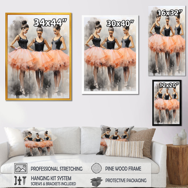 Art déco rose dansant Ballet III - Ballet, art mural, Cadre simple argenté, H 44 po x l 34 po x P 1,5 po