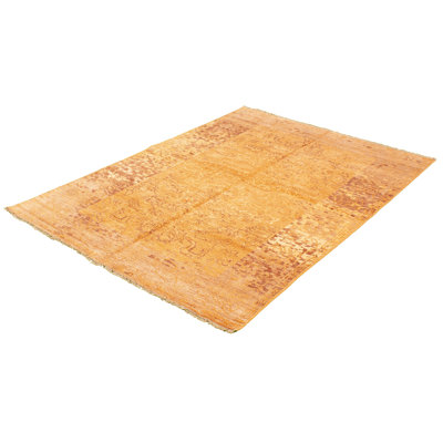 Tapis unique en viscose noué à la main style Oushak des années 2010 de 6 pi 10 po x 9 pi 10 po brun / crème Quincy