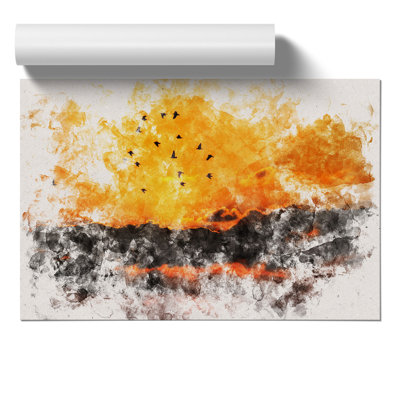 Birds and Orange Sunset Watercolour - Frameless Print