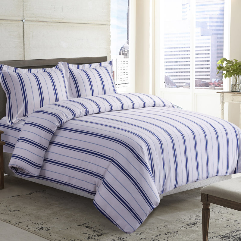 Modern & Contemporary Cotton Flannel Striped Duvet Cover, Queen, Blue
